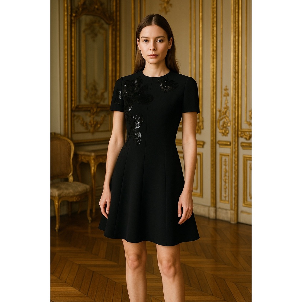 Valentino Black Embellished Short Crepe Couture Dress Size 14